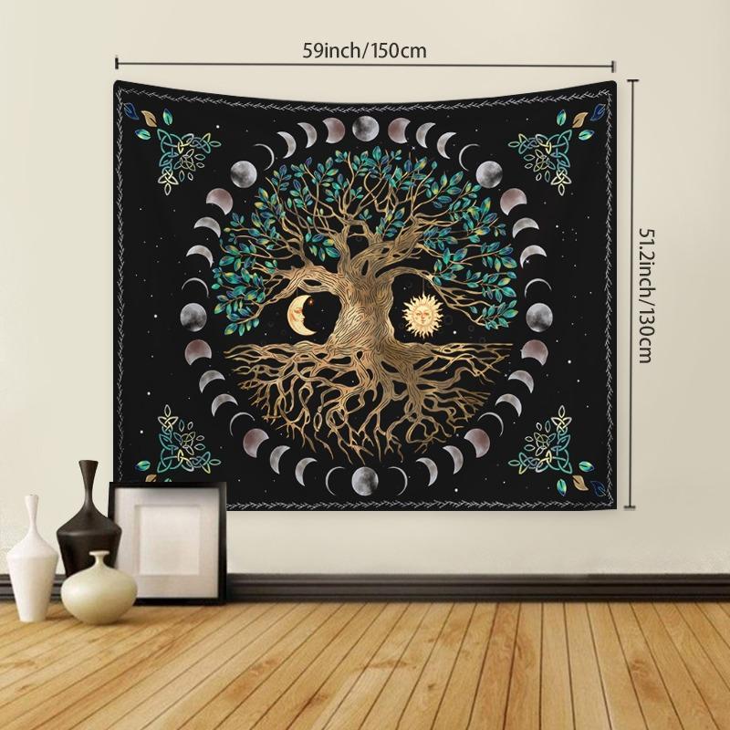 Festival Adornment, Tree Pattern Tapestry, Boho Mandala Tapestry, Hippie Sun & Moon Pattern Hanging Cloth, Fantasy Tree Print Tapestry polyester tapestry