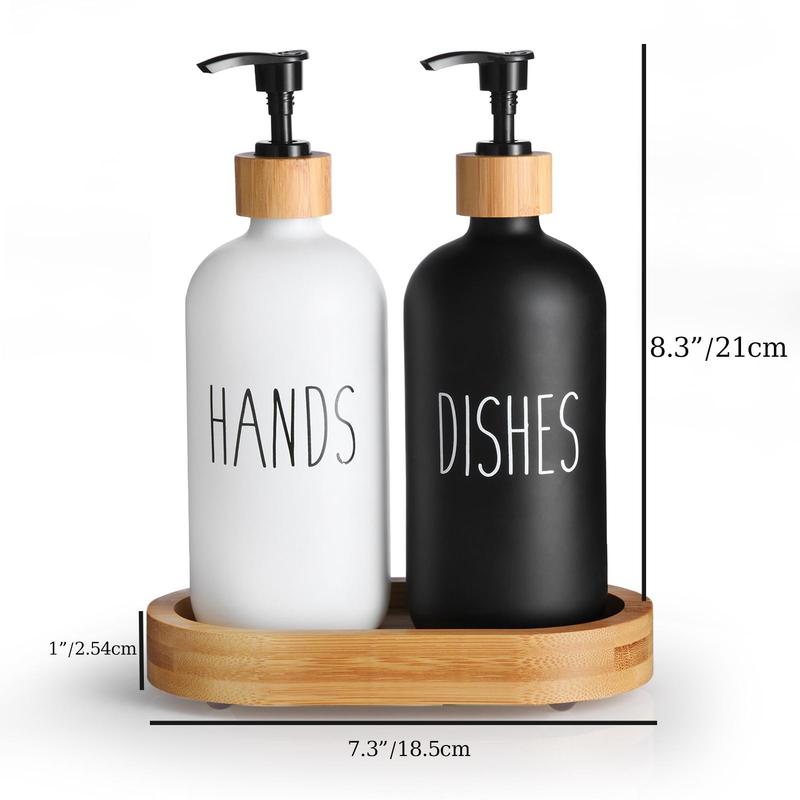 Soap Dispenser Set, 2 Counts set Hand and Dish Soap Dispenser with Wooden Tray Base, Kitchen Soap Dispenser Set, Bathroom Supplies