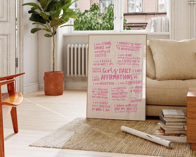 Aesthetic Pink Girly Wall Art, Girls Daily Affirmation Poster No Framed, Mindful Reminder Dorm Room Decor, Mental Health Art Therapy Office Decor, Gifts For Her, Wall Art, Wall Room Decor