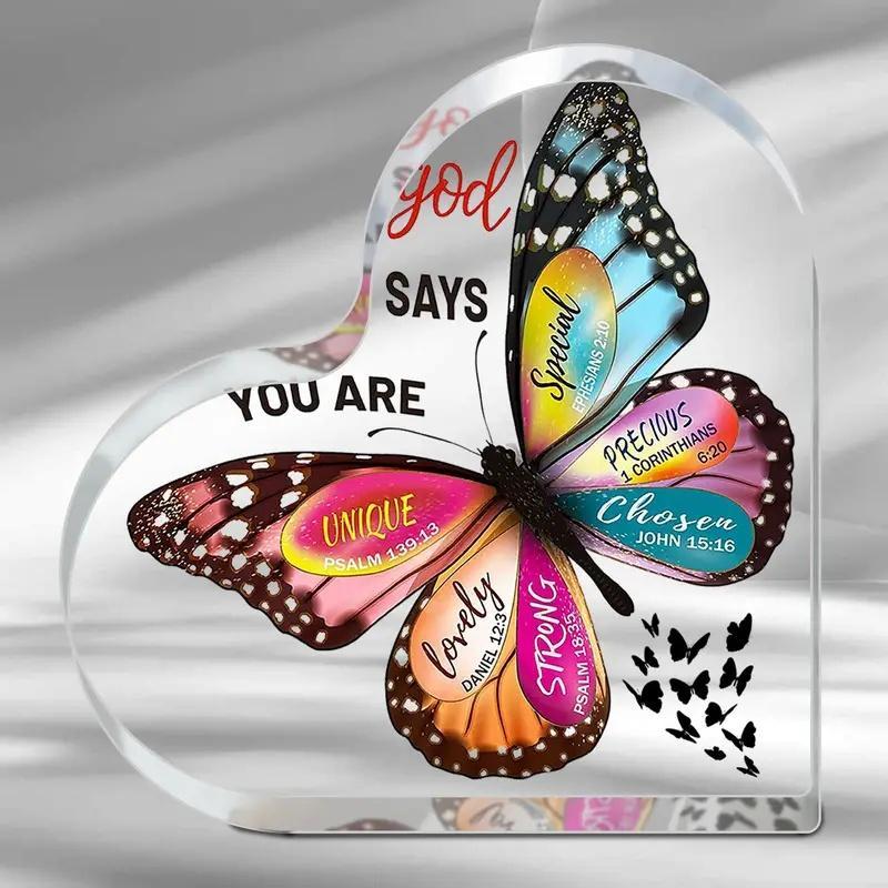 Butterfly Pattern Acrylic Heart Shaped Religious Ornament, 1 Count Bible Verse Gift, Inspirational Gift for Desktop Religious Decor