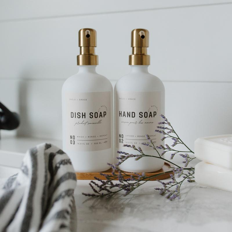 White 16oz Glass Soap Dispenser Set with Non-Slip Bamboo Tray | Gold Stainless Steel Pumps | 12 Matte Waterproof Labels - Hand Soap, Dish Soap, Lotion | Premium anthropologie Kitchen and Bathroom soapdispenser