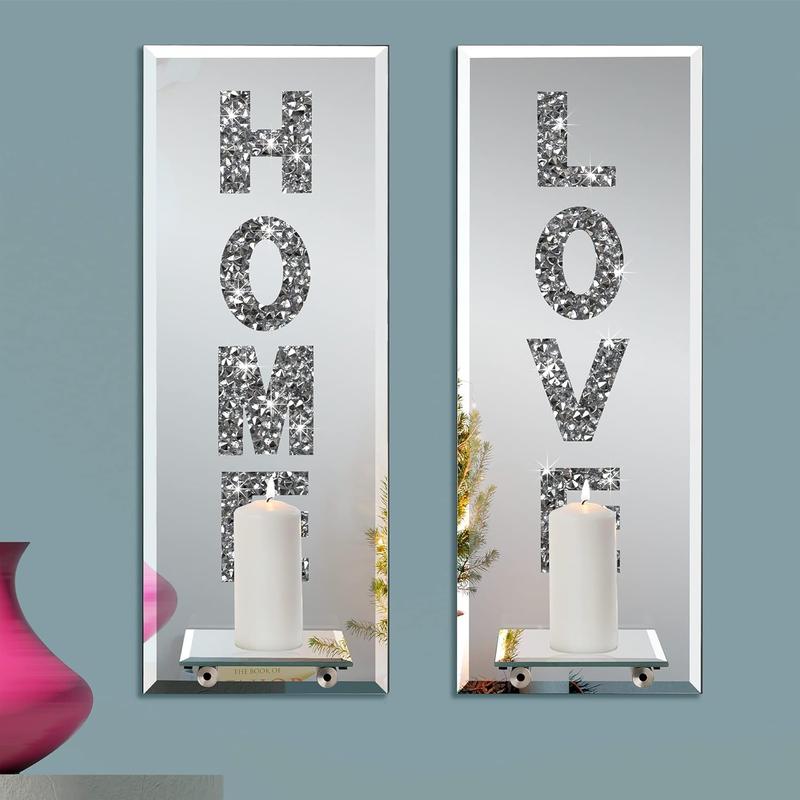 Wall Sconce Candle Holder Set of 2 Crystal Crush Diamond Mirrored Candle Sconces Love & Home Letter Wall Decorations Bling Hanging Mdf Room