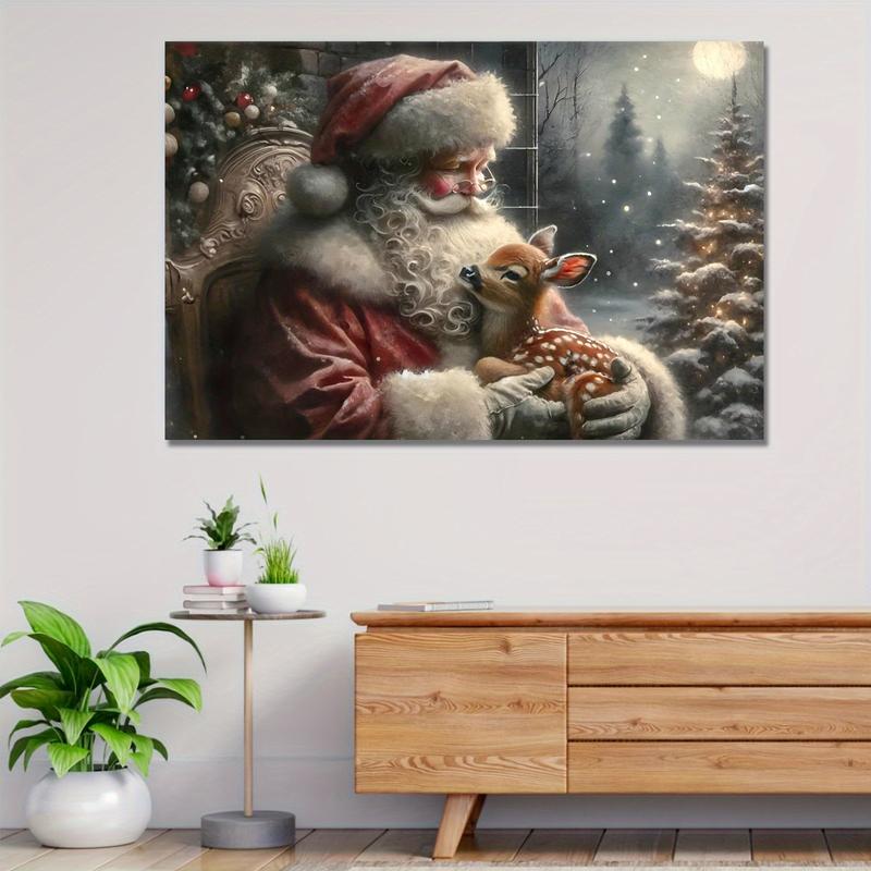 Frameless, Christmas Holiday Antique Oil Painting, Vintage Santa Claus and Reindeer Print, Winter Wonderland Wall Decor, Rustic