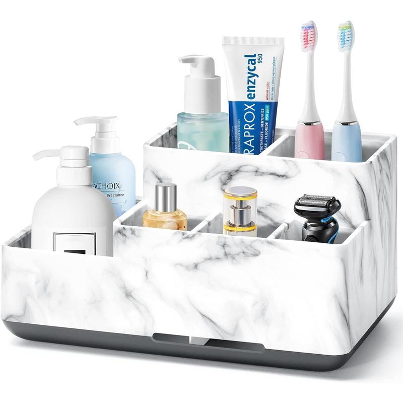 Electric Toothbrush Holder for Bathroom, Plastic Bathroom Countertop Organizer Compartment, Vanity Organizer Tray,Countertop Organizer Box, Desk Organizers and Storage,White Marble Pattern