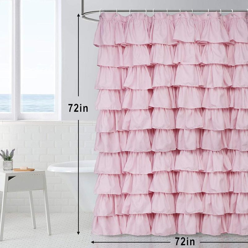 Charming Pink Ruffle Shower Curtain - Farmhouse Rustic Fabric Cloth, Premium Bathroom Decor. Soft and Elegant Pink Shower Curtain for a Cozy Farmhouse Bathroom. Rustic Chic Pink Ruffle Fabric Shower Curtain, Ideal for Bathroom Makeover.