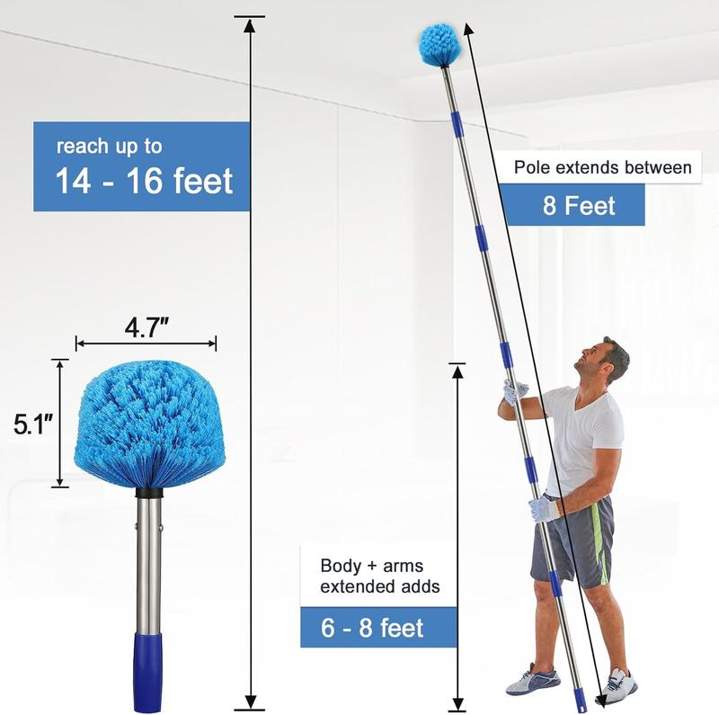 Cobweb Duster with Extension Pole, 8 FT Stiff Bristles Duster Head with Adjustable Stainless Steel Handle, Lightweight High Ceiling Brush Cleaner for Outdoor Indoor