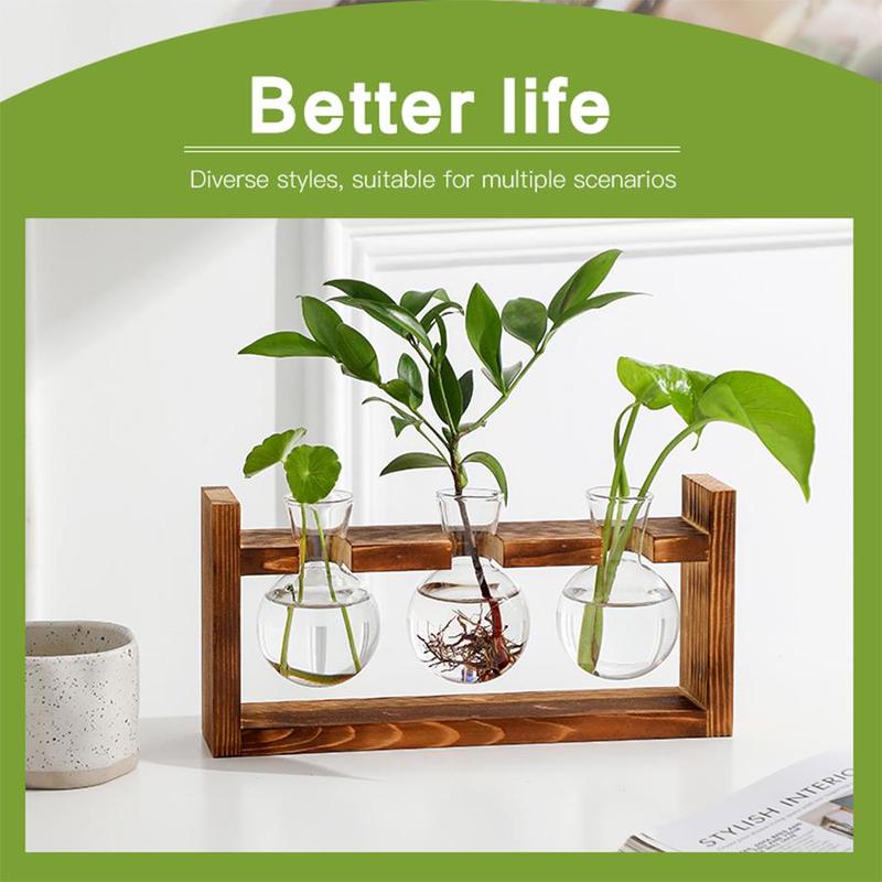 Wooden Plant Holder without Plant, 1 Count Creative Glass Vase with Wooden Stand, Desktop Plant Holder for Home Office Desktop Decoration