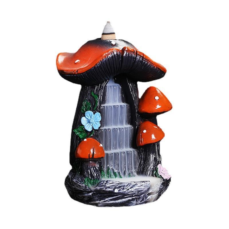 Creative Mushroom House Design Resin Incense Burner, Decorative Waterfall Backflow Effect Incense Holder for Home Living Room Bedroom