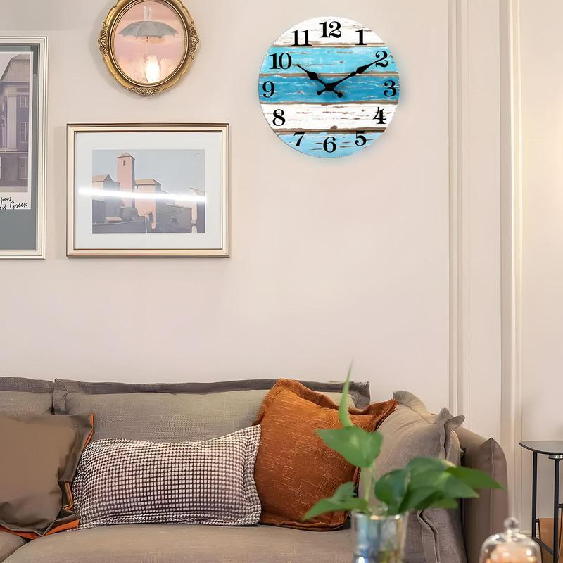 Wooden Wall Clock, 1 Count Battery Powered Beach Themed Silent Wall Clock, Round Wall Clock for Home Kitchen Living Room Office Bathroom Decor(without Battery)