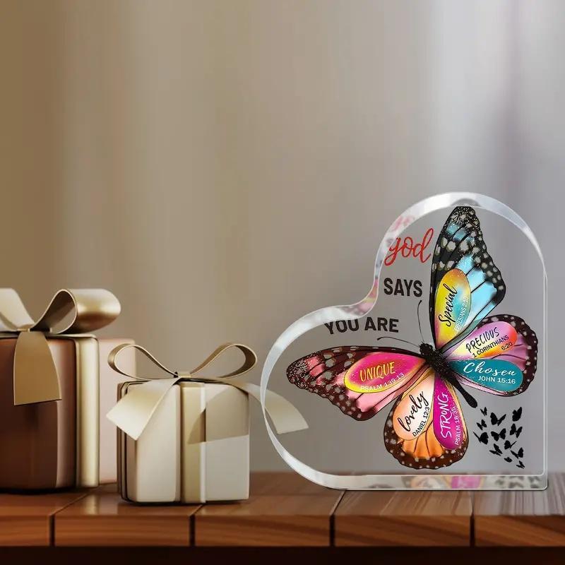 Butterfly Pattern Acrylic Heart Shaped Religious Ornament, 1 Count Bible Verse Gift, Inspirational Gift for Desktop Religious Decor