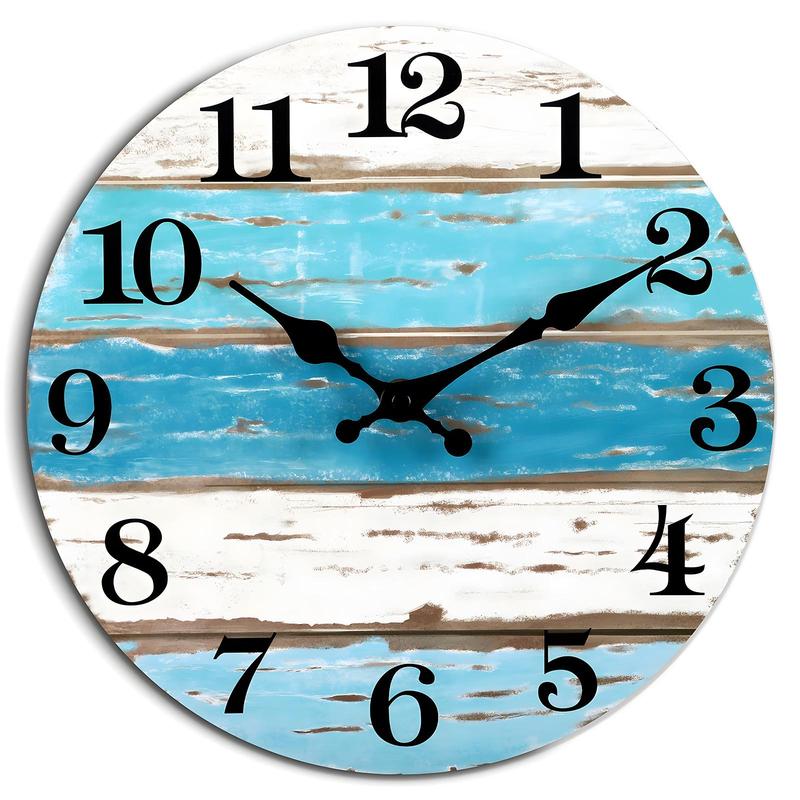 Wooden Wall Clock, 1 Count Battery Powered Beach Themed Silent Wall Clock, Round Wall Clock for Home Kitchen Living Room Office Bathroom Decor(without Battery)