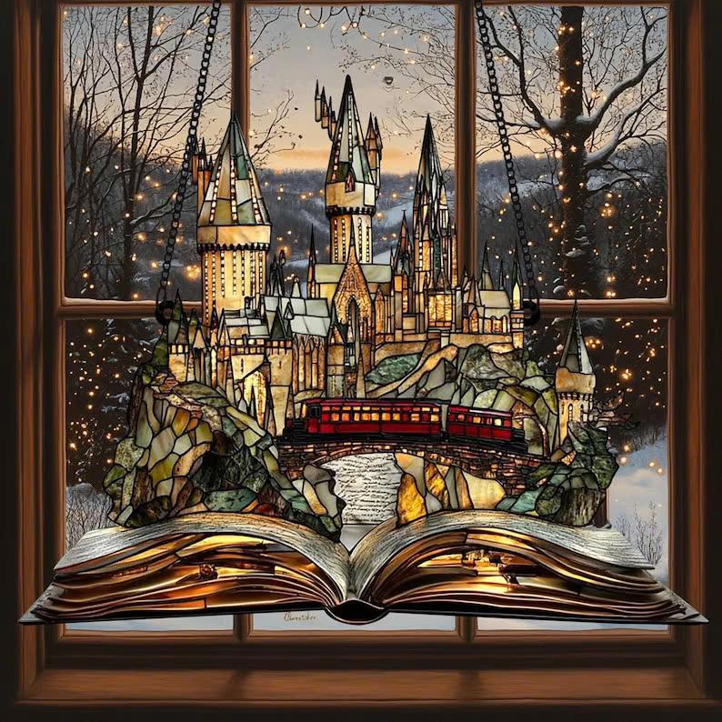 HGWs Express Train And Castle ACRYLIC Ornament Wizard School Acrylic Window Hanging Magical Castle Bookish Wall Art Hanging Decor