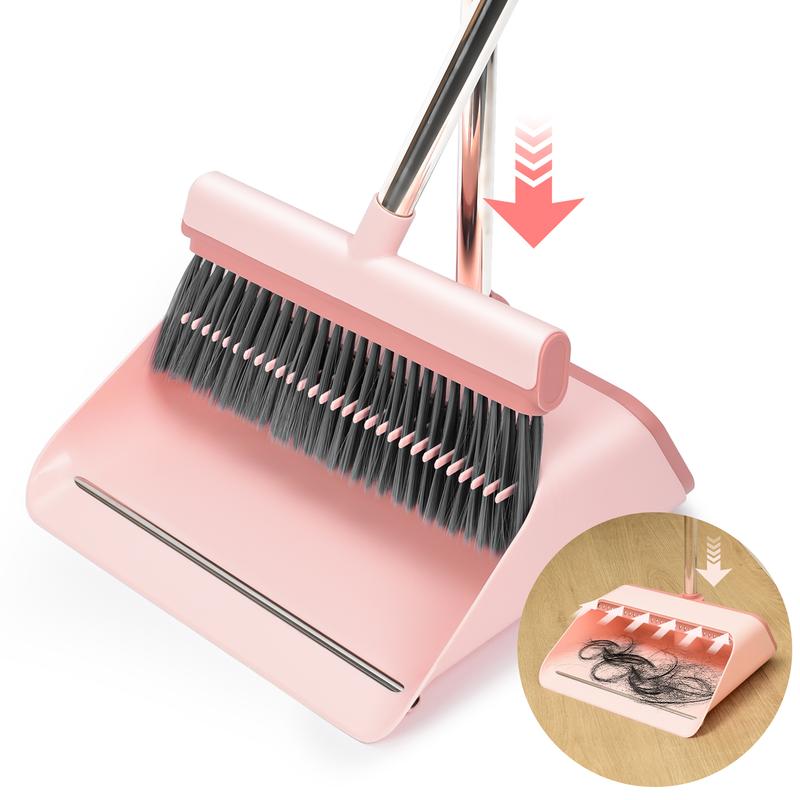 Pink Broom and Dustpan Set-Self-Cleaning with Dustpan Teeth, Large Upright Duspan and brush with 53.14'' Long Adjustable Handle for Indoor&Outdoor Sweeping, Home Kitchen Office Restaurant Hall Floor