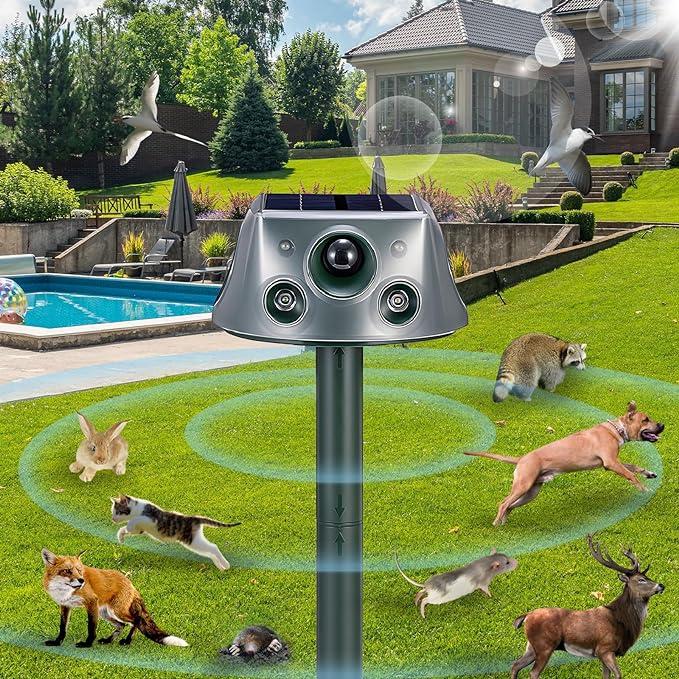 Ultrasonic Solar Animal Repeller for Yard, 6 Modes Outdoor Cat Repellent Squirrel Repellent with Motion Sensor & Flashing Light, Animals Deterrent for Squirrel Bird Deer Cat Skunk Dog for Yard Garden