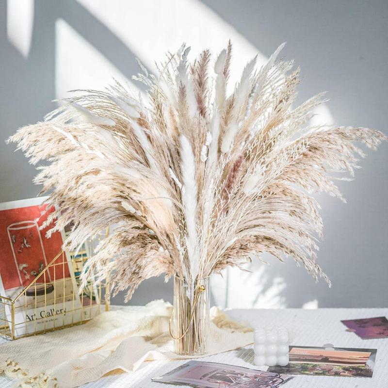 50pcs Dried Pampas Grass Decor, Fluffy Pampas Grass Bouquet, Pampas Grass Plants Live For Flower Arrangements Wedding Boho Coffee Table Home Decor, Fall Farmhouse Room Decor