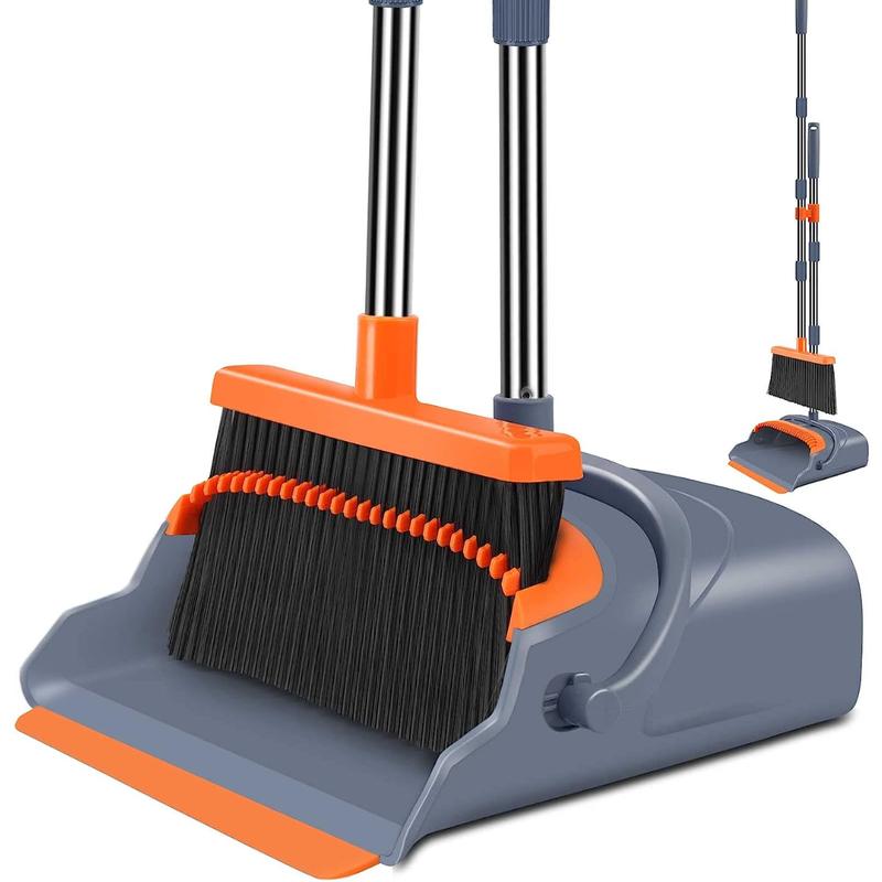 Upgrade Broom and Dustpan Set, Self-Cleaning with Dustpan Teeth, Indoor&Outdoor Sweeping, Ideal for Dog Cat Pets Home Use, Stand Up Broom and Dustpan (Gray&Orange)