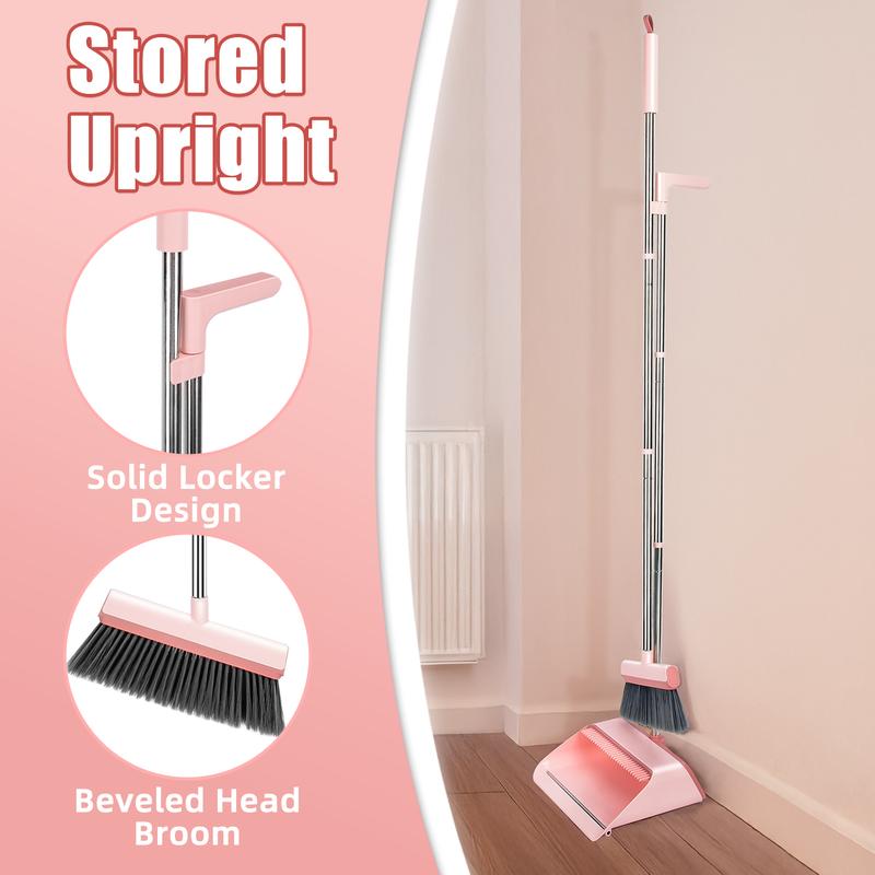 Pink Broom and Dustpan Set-Self-Cleaning with Dustpan Teeth, Large Upright Duspan and brush with 53.14'' Long Adjustable Handle for Indoor&Outdoor Sweeping, Home Kitchen Office Restaurant Hall Floor