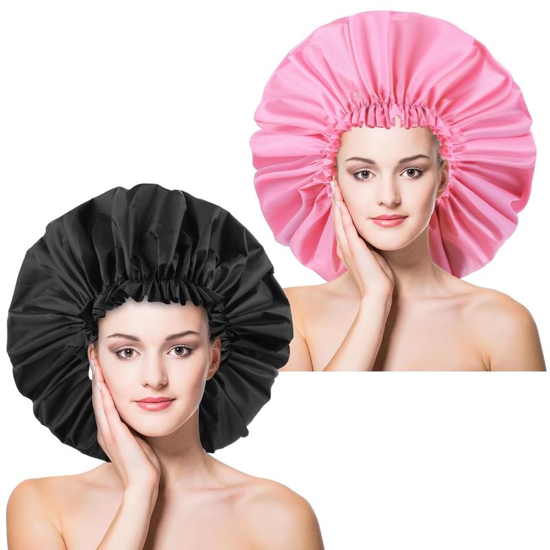 2 count Large Shower Cap for Braids - Waterproof Shower Cap for Women, Reusable XL Plastic Shower Caps  Bath Bonnet for Long Thick Curly Hair, Locs, Twist Braids (Black&Pink)