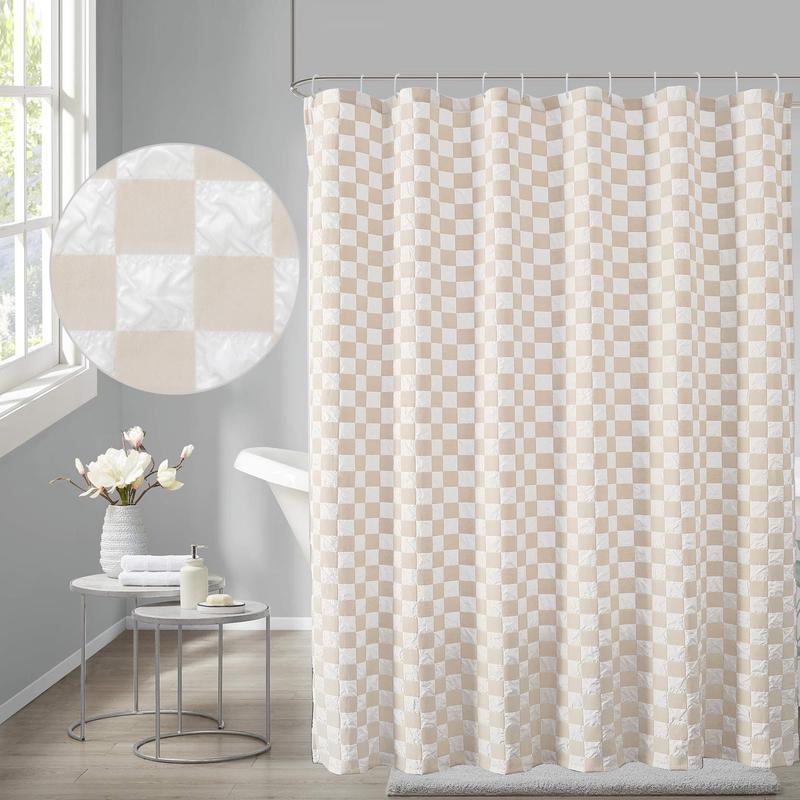 3D Embossed Fabric Shower Curtain, White and Taupe Checkered Shower Curtain for Bathroom, Country Farmhouse Checkboard Shower Curtain, Machine Washable Bath Shower Curtain, 72Wx72L