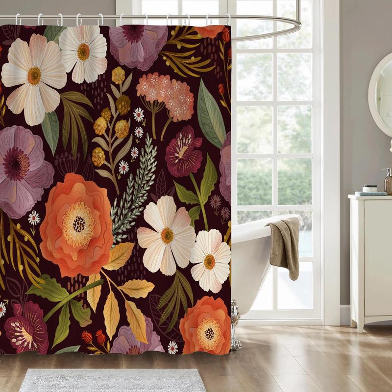 Bohemian Floral Pattern Shower Curtain, 1 Count Waterproof Shower Curtain with Hooks, Bathroom Supplies for Home Decor