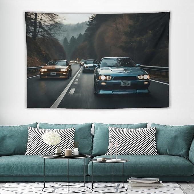 Jdm Car R34 60*51Tapestry Aesthetic Wall Hanging Decoration Home Living Bedroom Dorm Wall Art Tapestries Classic Retro Gallop Race