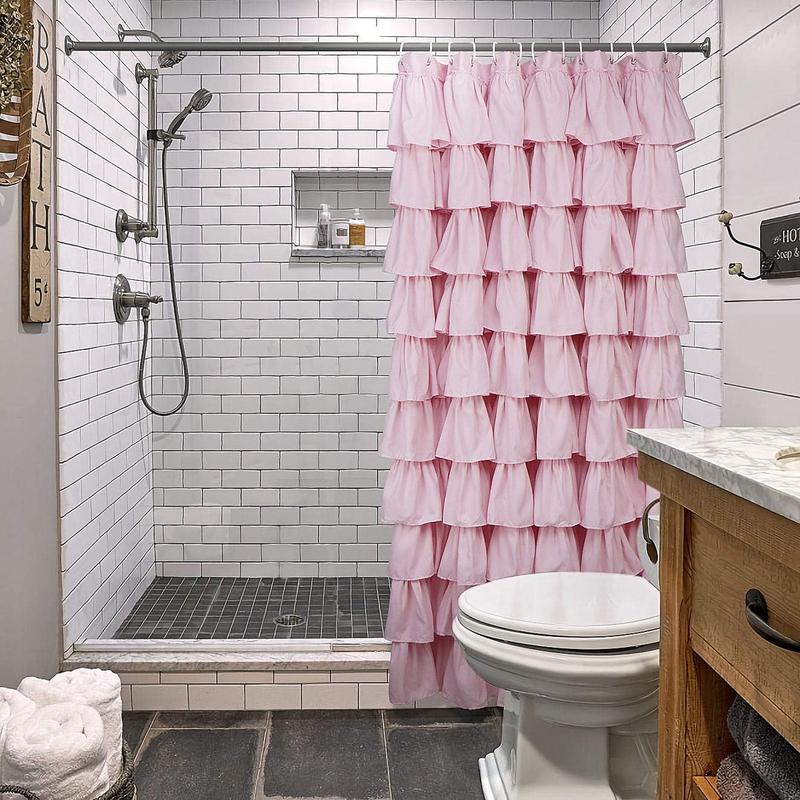 Charming Pink Ruffle Shower Curtain - Farmhouse Rustic Fabric Cloth, Premium Bathroom Decor. Soft and Elegant Pink Shower Curtain for a Cozy Farmhouse Bathroom. Rustic Chic Pink Ruffle Fabric Shower Curtain, Ideal for Bathroom Makeover.