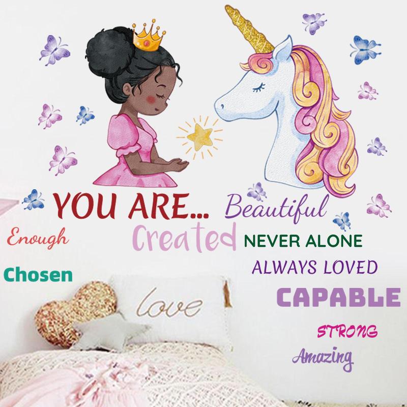 1 Set Cartoon Girl & Unicorn Pattern Wall Sticker, Slogan Graphic Creative Wall Decal, Wall Decorative Tiles Sticker for Home Bedroom Decoration, Cool Bedroom Accessories, Home Essentials