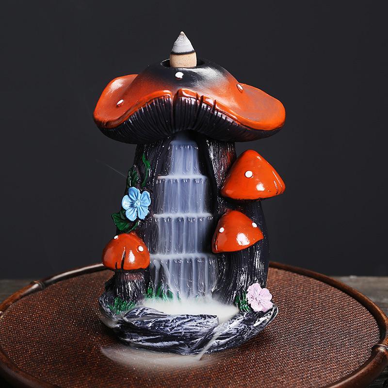 Creative Mushroom House Design Resin Incense Burner, Decorative Waterfall Backflow Effect Incense Holder for Home Living Room Bedroom