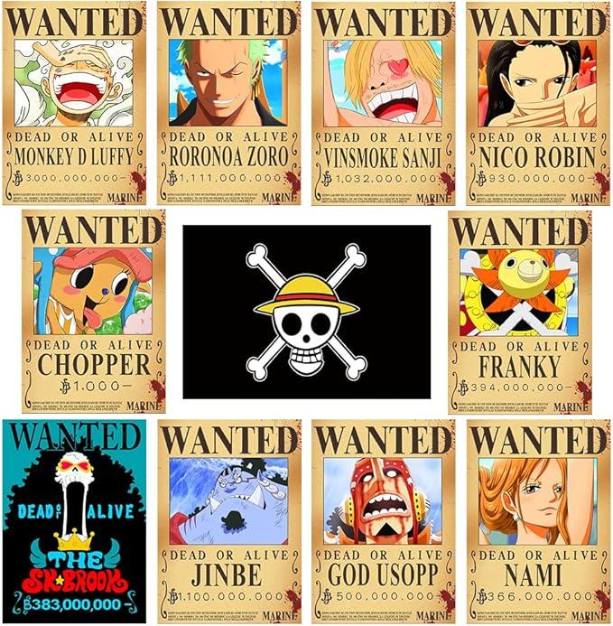 17pcs Anime Wanted Posters  Bounty Anime Luffy Gear 5 4 emperadores Law Kid Figures Vintage Living Room Wall Decoration Stickers