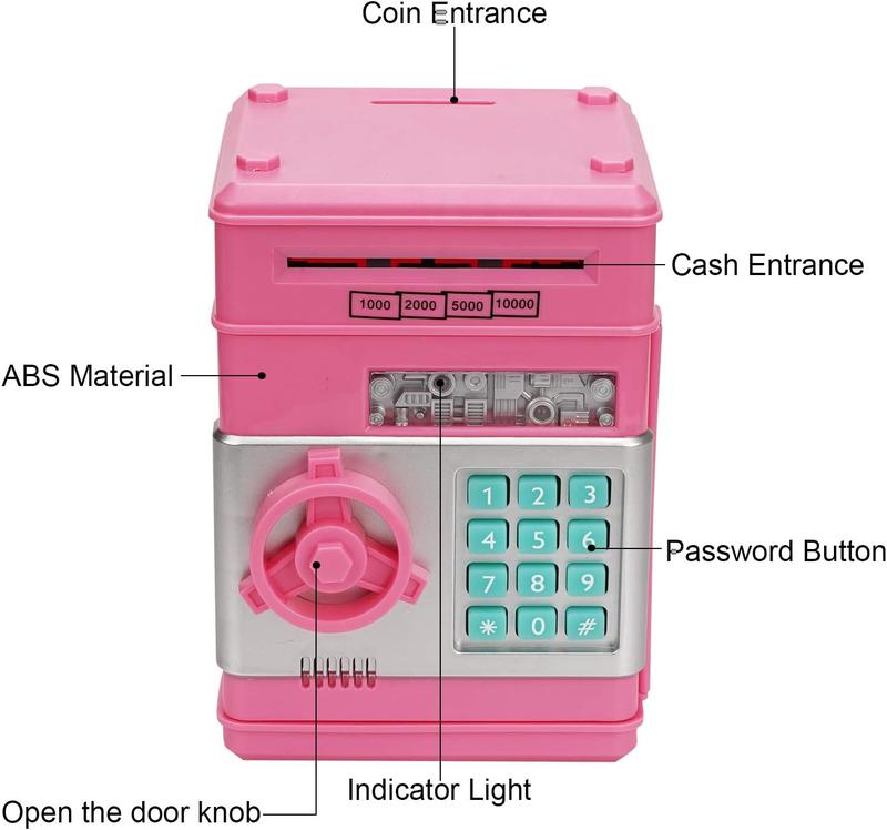 Electronic Piggy Bank, Mini ATM Password Money Bank Cash Coins Saving Box for Kids, Cartoon Safe Bank Box Perfect Toy Gifts for Boys Girls (Pink)