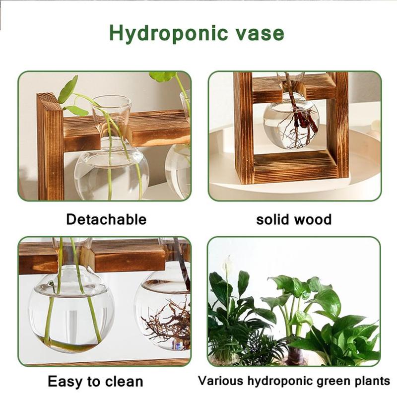 Wooden Plant Holder without Plant, 1 Count Creative Glass Vase with Wooden Stand, Desktop Plant Holder for Home Office Desktop Decoration