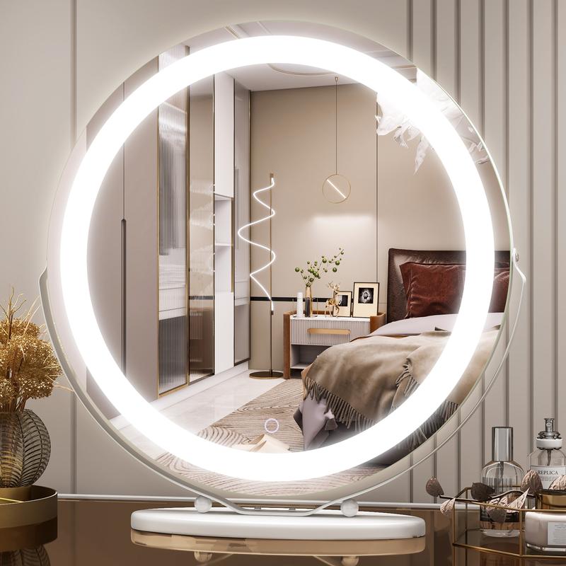 FENNIO 20inches Vanity Mirror with Lights, 3 Colors Dimmable, Round Lighted Makeup Mirror, 360°Rotation, Smart Touch, White Gold, Best Decor Gift