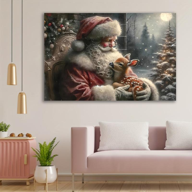 Frameless, Christmas Holiday Antique Oil Painting, Vintage Santa Claus and Reindeer Print, Winter Wonderland Wall Decor, Rustic