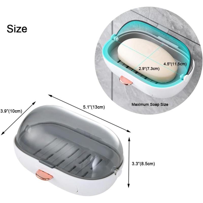 2 Pack Shower Soap Dish Holder with Lid, Bar Soap Holder with Drain, Wall Mounted Soap Box Container for Shower, Bathroom, Bathtub, Kitchen Sink, Adhesive Included