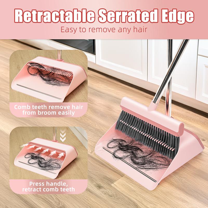 Pink Broom and Dustpan Set-Self-Cleaning with Dustpan Teeth, Large Upright Duspan and brush with 53.14'' Long Adjustable Handle for Indoor&Outdoor Sweeping, Home Kitchen Office Restaurant Hall Floor