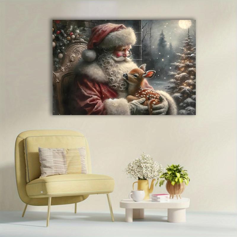 Frameless, Christmas Holiday Antique Oil Painting, Vintage Santa Claus and Reindeer Print, Winter Wonderland Wall Decor, Rustic