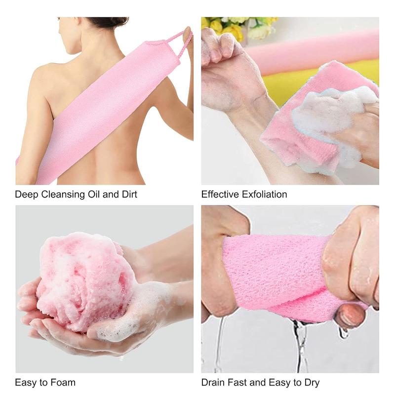 Back Scrubber & Gloves Kit, Nylon Back Exfoliator with Handles, Extended Length Back Washers, Stretchable Pull Strap Exfoliating Washcloth