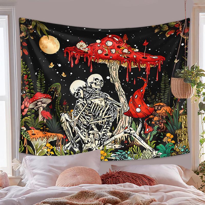 Halloween Mushroom & Bone Printed Tapestry, 1 Count Fantasy Flower Plant Aesthetics Tapestry for Home Decor, Halloween Decor 2024, Home Decoration Pendant, Room Accessories