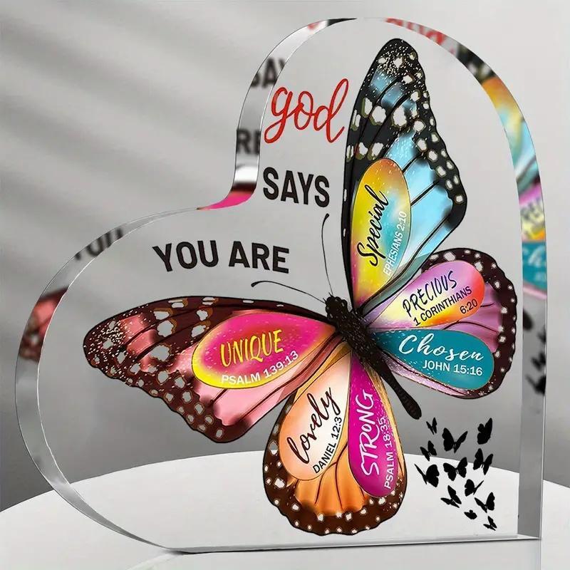 Butterfly Pattern Acrylic Heart Shaped Religious Ornament, 1 Count Bible Verse Gift, Inspirational Gift for Desktop Religious Decor