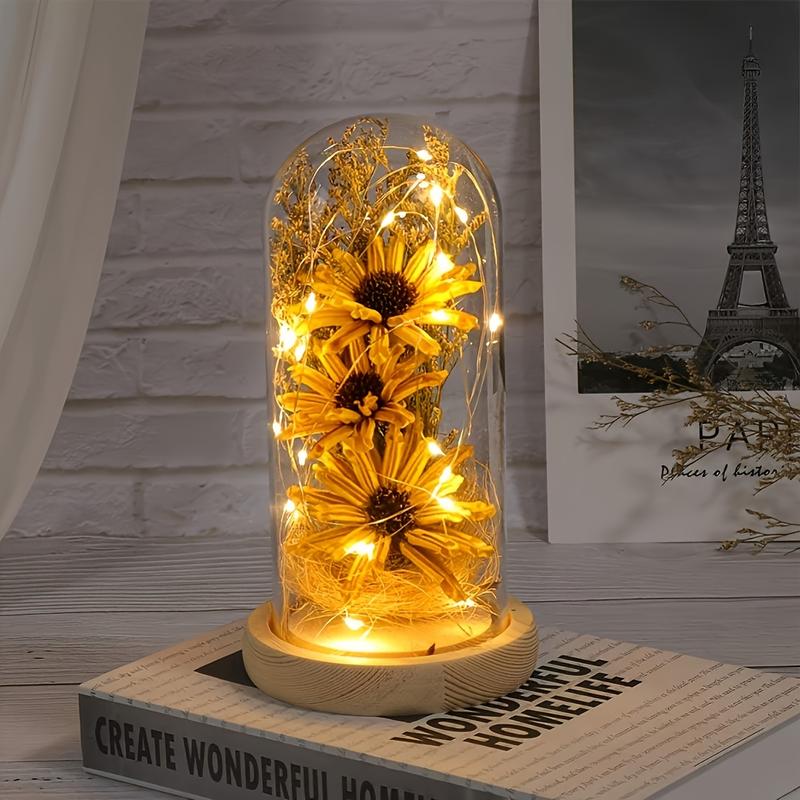 1 Piece Delightful Yellow Glass Dome Artificial Sunflower Decoration - LED Lighted Artificial Flower, Realistic Petals, Soft Warm Glow - Perfect Gift For Mother's Day, Valentine's Day, Christmas, Birthday, Ideal For Bedroom Or Party Ambiance