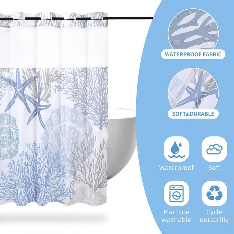 No Hook Shower Curtain with Snap in Liner, Nautical Coastal Seashell Beach Shower Curtains, Hotel Shower Curtain, Ocean Themed Shower Curtains for Bathroom Decor, 72