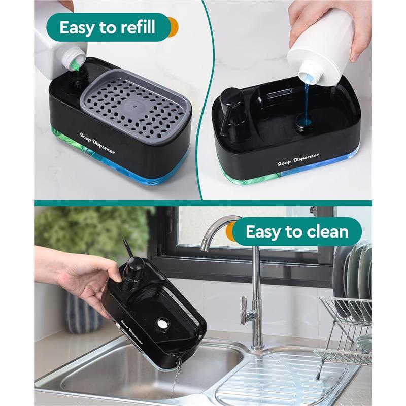 3-in-1 Kitchen Dish Soap Dispenser Set – Stylish Black Countertop Organizer with Sponge Holder & Dual Pump for Dish and Hand Soap Bottles