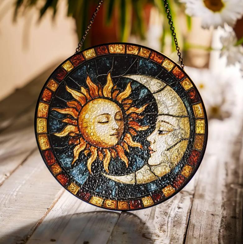 Sun & Moon Stained Glass Sun Catcher, Featuring Faces, Window Hanging Decor, Ideal Gift for Home Decoration.