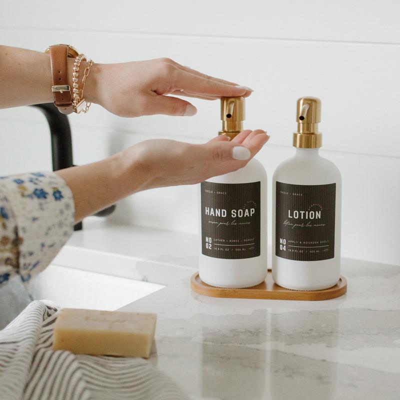 White 16oz Glass Soap Dispenser Set with Non-Slip Bamboo Tray | Gold Stainless Steel Pumps | 12 Matte Waterproof Labels - Hand Soap, Dish Soap, Lotion | Premium anthropologie Kitchen and Bathroom soapdispenser