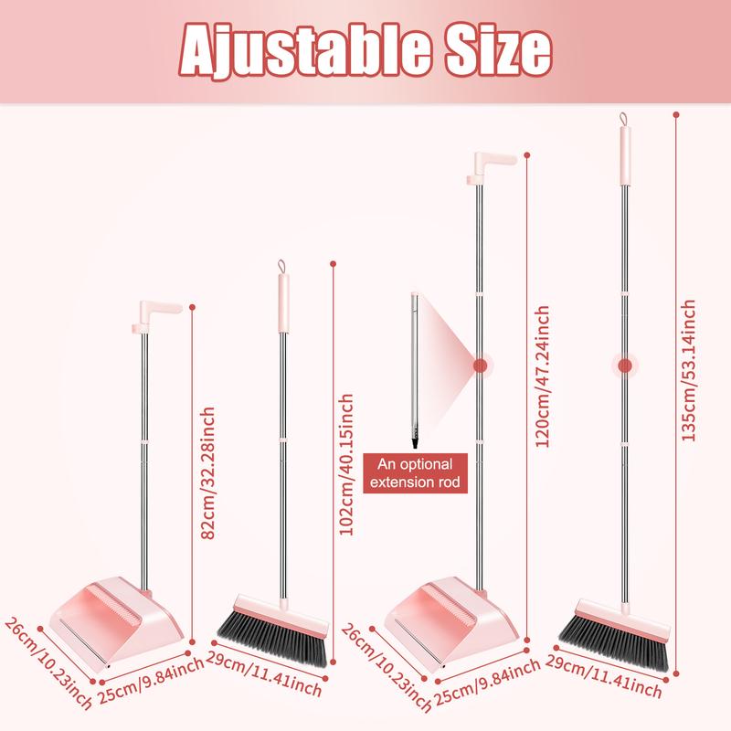 Pink Broom and Dustpan Set-Self-Cleaning with Dustpan Teeth, Large Upright Duspan and brush with 53.14'' Long Adjustable Handle for Indoor&Outdoor Sweeping, Home Kitchen Office Restaurant Hall Floor