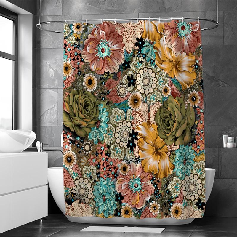 Bohemian Floral Pattern Shower Curtain, 1 Count Waterproof Shower Curtain with Hooks, Bathroom Supplies for Home Decor