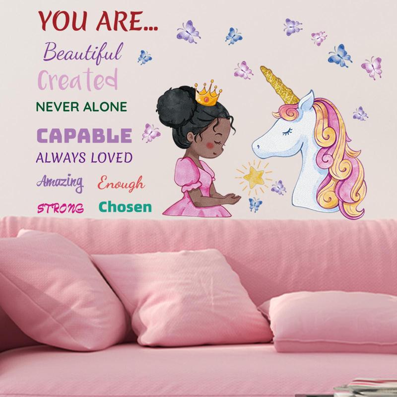 1 Set Cartoon Girl & Unicorn Pattern Wall Sticker, Slogan Graphic Creative Wall Decal, Wall Decorative Tiles Sticker for Home Bedroom Decoration, Cool Bedroom Accessories, Home Essentials