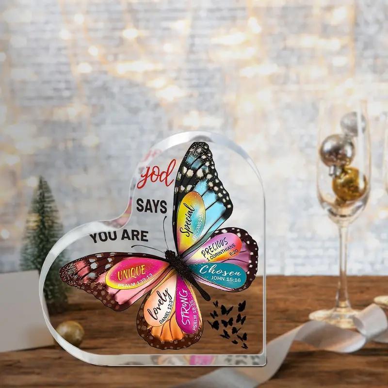 Butterfly Pattern Acrylic Heart Shaped Religious Ornament, 1 Count Bible Verse Gift, Inspirational Gift for Desktop Religious Decor