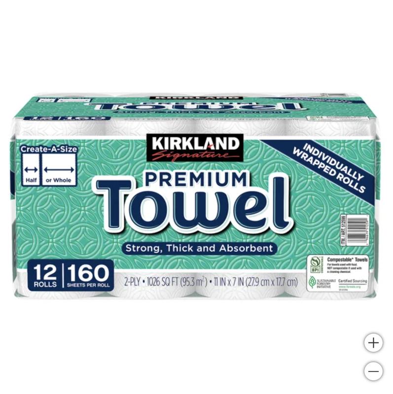 Kirkland Signature 2-Ply Paper Towels, 160 Sheets, 12 Individually Wrapped Rolls - Toilet, Wipes