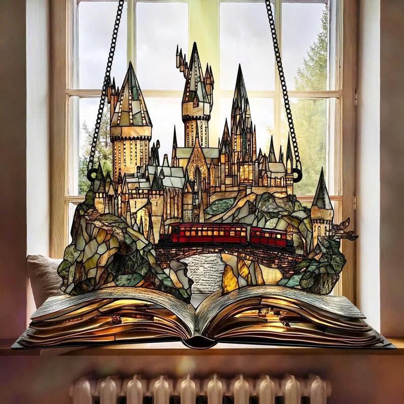 HGWs Express Train And Castle ACRYLIC Ornament Wizard School Acrylic Window Hanging Magical Castle Bookish Wall Art Hanging Decor